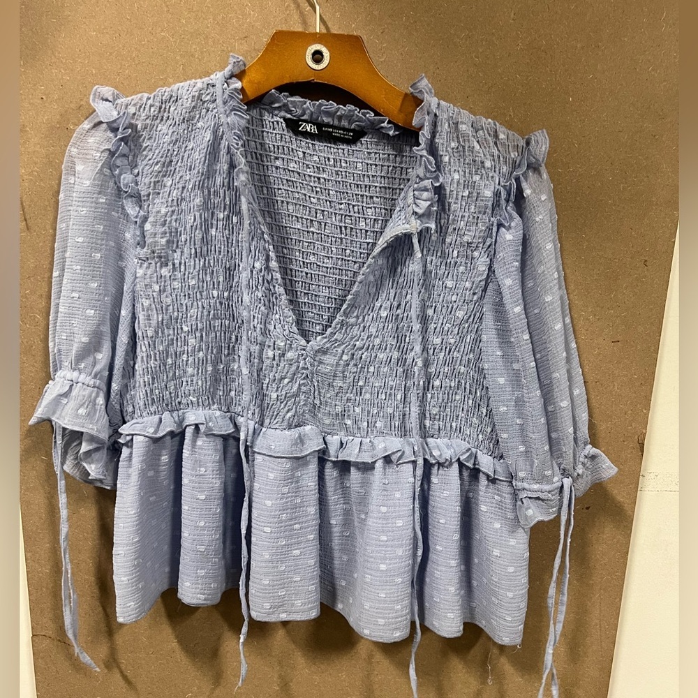 Zara Light Blue Smocked Peplum Blouse
